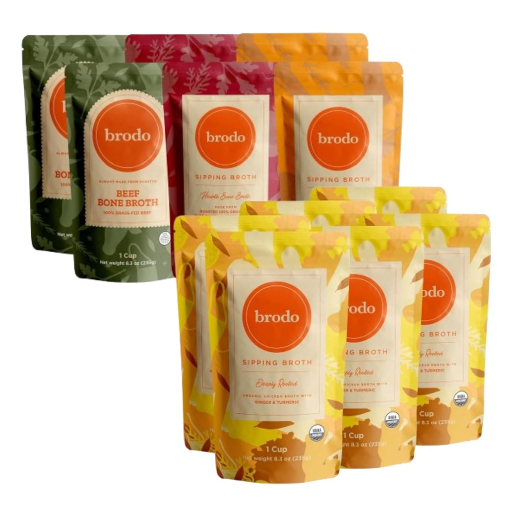Brodo Diepgewortelde biologische kip Broth met Kurkuma & Ginger Dense, Chef Crafted Bone Broth in Single Serving Pouches Niet gemaakt van concentraat, Geen conserveringsmiddelen (6x 8.3 oz Zakjes)