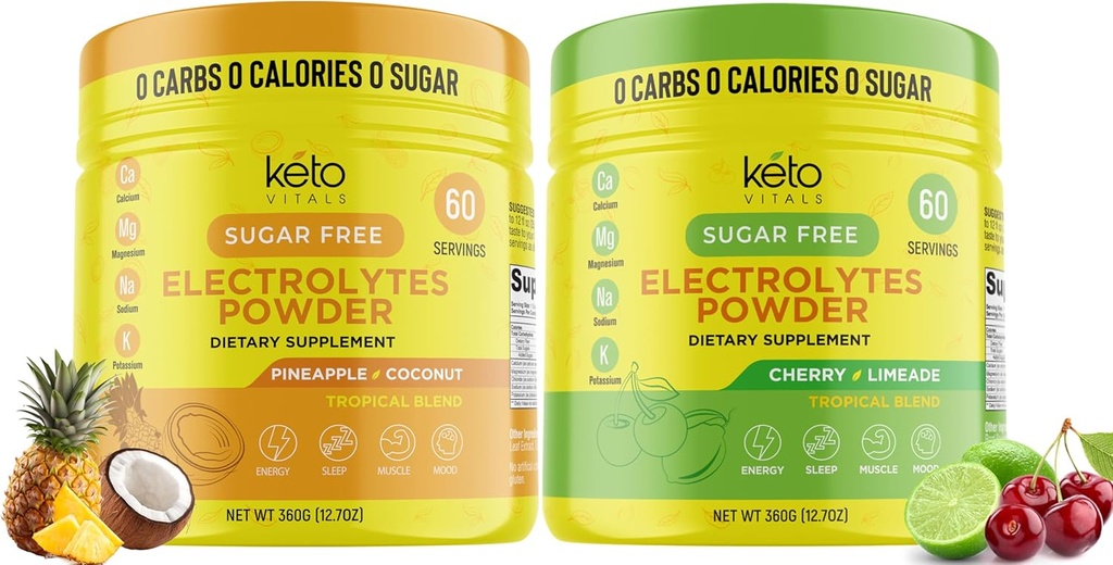 Keto Vitals Pineappale Coconut Bundle with Cherry Limeade - 2 Pack Bundle Keto Electrolytes Powder - Elektrolyten met Kalium, Magnesium, Natrium, Calcium - Pinneapple Coconut & Cherry Limeade