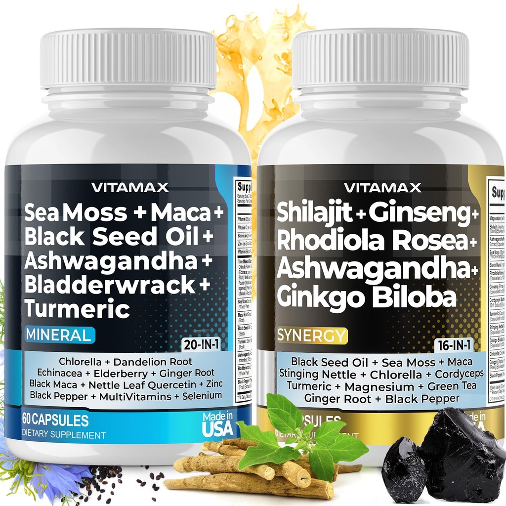 Vitamax Pure Himalaya Shilajit Supplement, Sea Moss, Ashwagandha, Bladderwrack, Gingko Biloba, Organische Capsules & Trace Mineral for - Non-GMO - Vegan - Mannen en vrouwen Made in USA