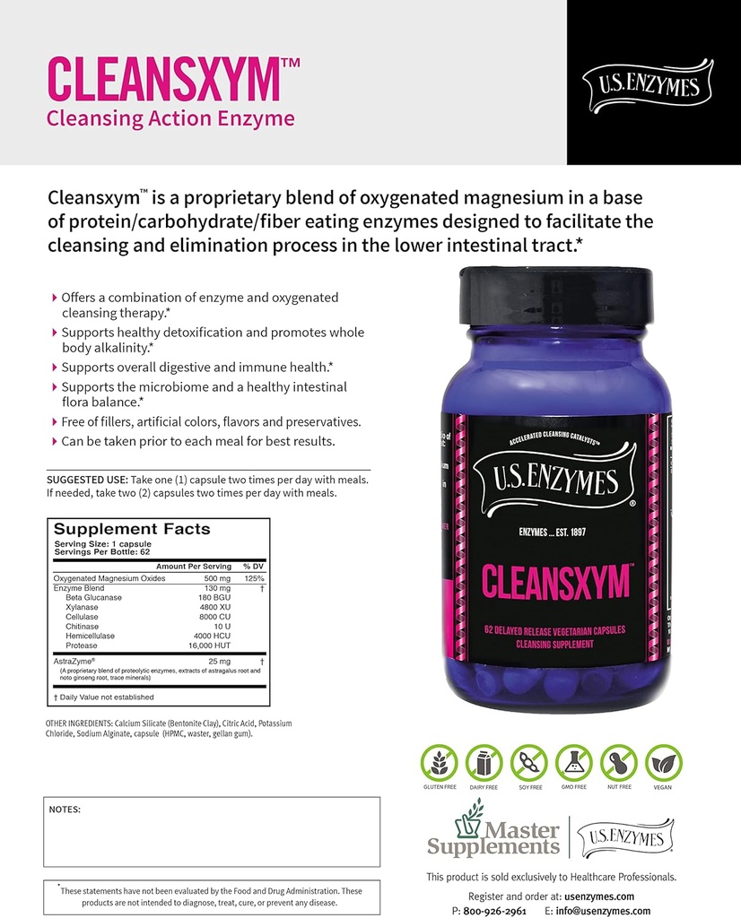 U.S. Enzymen CLEANSXYM 62 Vegetarische Capsules. Reinigingssupplement.