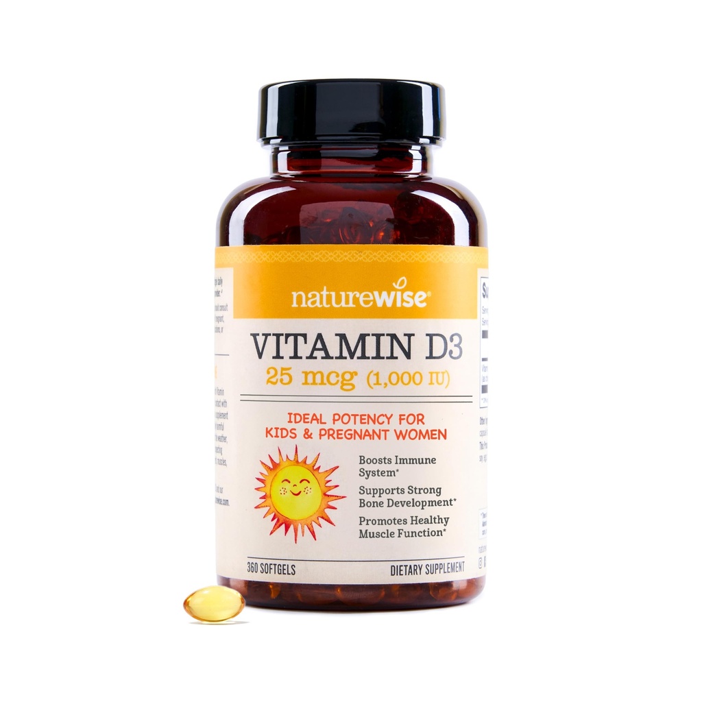 NatureWise Vitamine D3 1000iu (25 mcg) 1-jaars voorziening voor Immune Support, gezonde spierfunctie en botgezondheid - Non-GMO, Glutenvrij in biologische Extra Virgin Olive Oil, (Mini Softgel), 360 Tel.