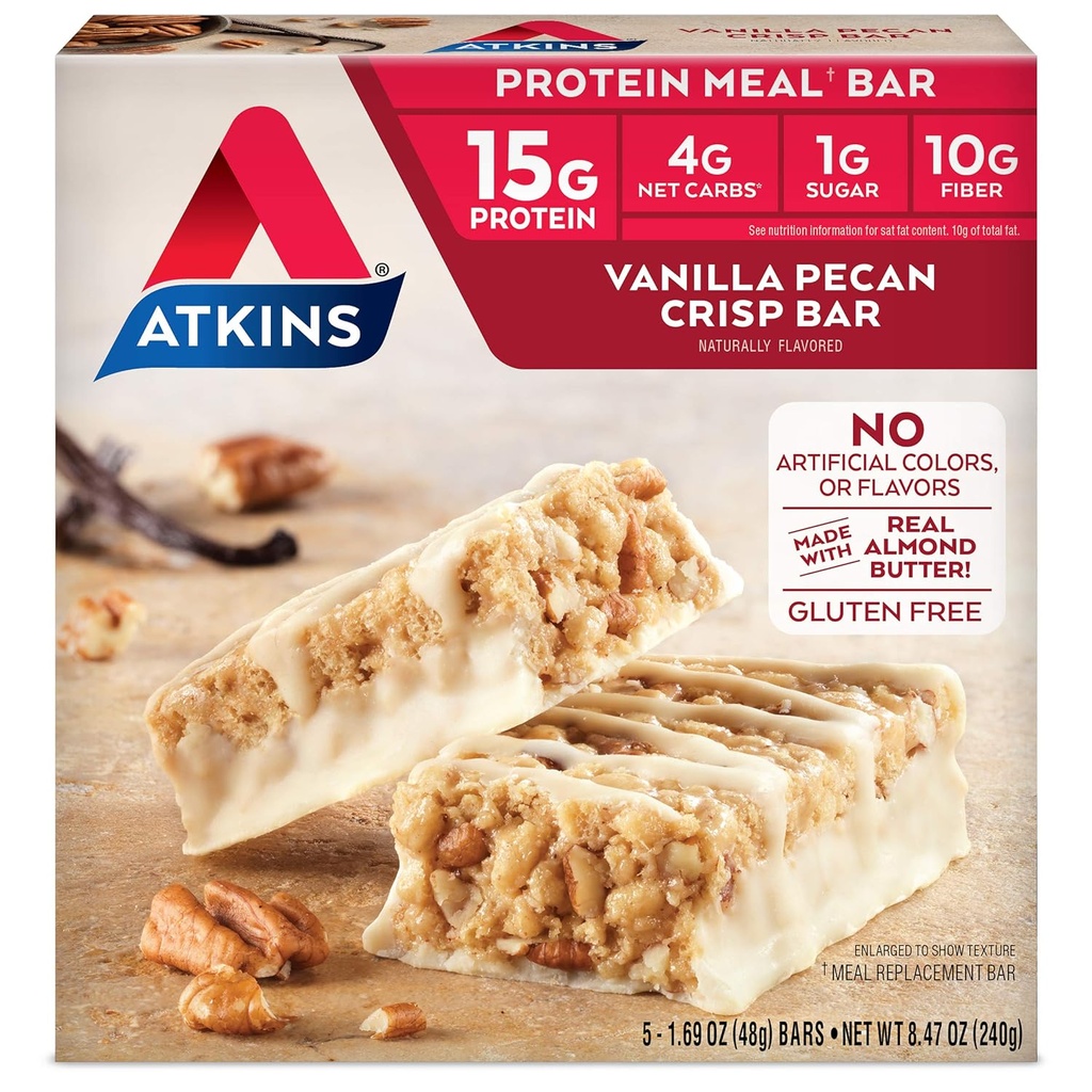 Atkins Vanilla Pecan Crisp Proteine Maaltijd Bar, High Fiber, 1g Sugar, 4g Net Carb Meal Vervanging, Keto Vriendelijk, 5 Tellen