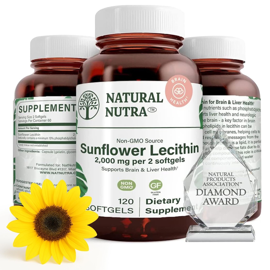 Natuurlijke Nutra Zonnebloem Lecithin 2000 mg Supplement, Ondersteunt Borstvoeding moeders met Plugged Milk Duct Relief, Lever & Brain Health Booster, Soy Free, Non-GMO, Gluten-Free, 120 Softgels (2 Pack)
