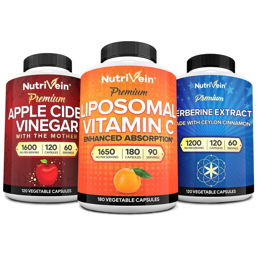 Nutrivein Premium Berberine, Apple Cider Vinegar, & Liposomale vitamine C supplement bundel: hoog-absorptie vitamine C capsules, ACV capsules, & Berberine supplement voor Wellness & Immunity