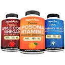 Nutrivein Premium Berberine, Apple Cider Vinegar, & Liposomale vitamine C supplement bundel: hoog-absorptie vitamine C capsules, ACV capsules, & Berberine supplement voor Wellness & Immunity