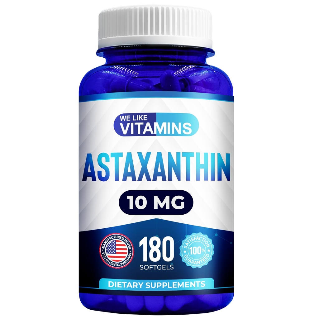 We Like Vitamins Astaxanthine 10mg Softgel - Zeer krachtige Astaxanthine Supplementen van Hematococcus Pluvialis - Verbetert oog, gewrichts, huidgezondheid & energieniveaus - 180 Servings, 6 maanden levering