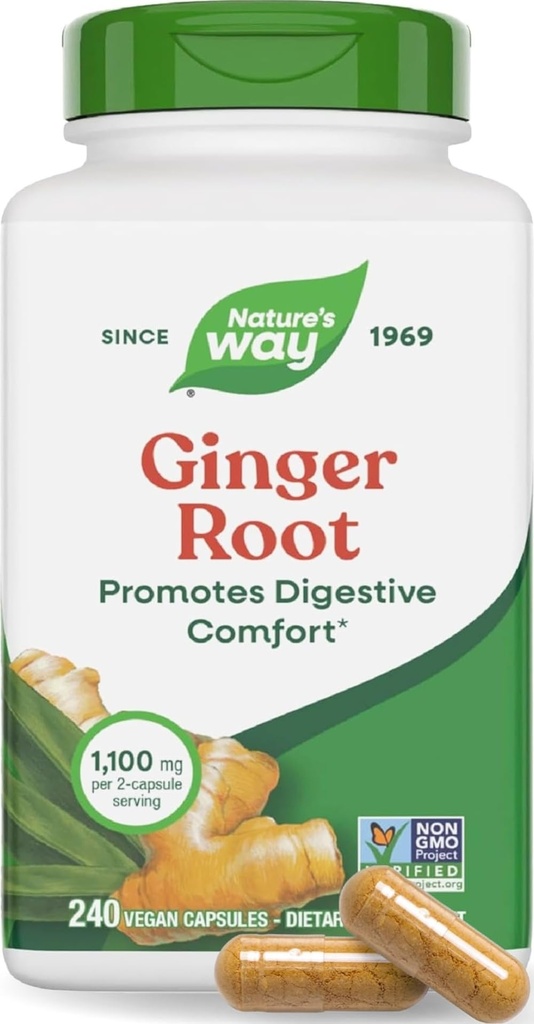 Nature's Way Ginger Root Capsules 550 mg per capsule, Digestieve Comfort* Vermindert bewegingsgerelateerde misselijkheid*, 1100 mg per 2 capsules, Non-GMO Project Verified, Vegan, 240 Telling (Verpakking mei Vary)