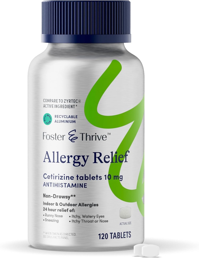 Foster & Thrive Cetirizine HCl 10mg Allergie Relief for Seasonal Allergies, Pollen, Hay Fever, and Dry Itchy Eyes, Non-Drowsy Antihistamine Medicine for Children or Adults, Vergelijk met Zyrtec