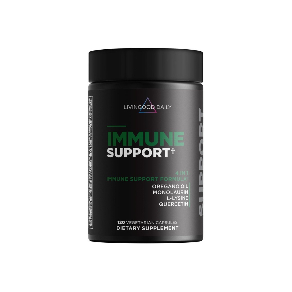 Livingood Daily Immune Support Supplement, 4-in-1 Formule met Oregano Oil, Monolaurin, Lysine & Quercetin, Gut & Digestief Gezondheid, Glutenvrij, Veganistisch, Niet GGO, Allergenenvrij, 120 Capsules