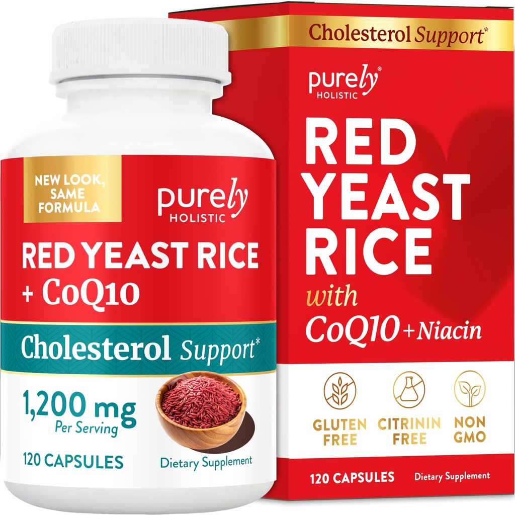 Red Yeast Rice with CoQ10 Supplement | Healthy Cholesterol Levels & Heart Health Support | Extra Strength Red Yeast Rice 1200 MG (600 MG Per Capsule) with Monakolin K | No Citrinin, Non-GMO | 120 Ct
