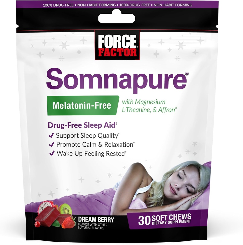 Force Factor Somnapure Melatonine-Gratis Zachte Kauwen, Slaaphulp om de slaapkwaliteit te verbeteren, Slaaphulpen voor volwassenen met Affran, Magnesium, L-Theanine, Kamille, Lemon Balm, Droom Berry Flavor, 30 Zachte Kauwen