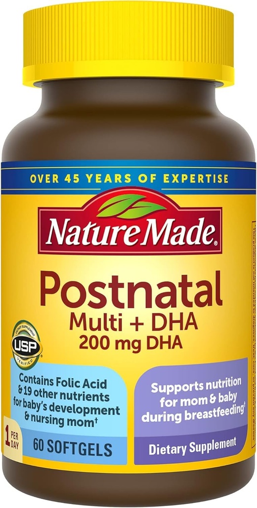 Nature Made Postnatal Multivitamine + DHA 200 mg, 60 Softgels, ter ondersteuning van verpleegmoeders en baby's tijdens borstvoeding, postnatale vitamines en voedingsstoffen inclusief ijzer, vitamine D3, calcium, jodium