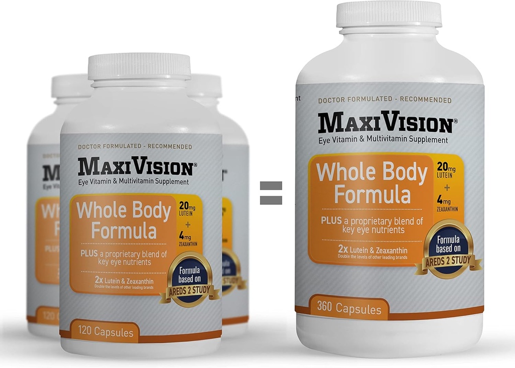 MaxiVision® AREDS 2 Whole Body Formula - AREDS 2 Eye Vitamins w/Lutein en Zeaxanthine - for Macula Support - Eye Supplements for Eye Strain - 360 Capsules Telling (360 Capsules 1 Bottle)