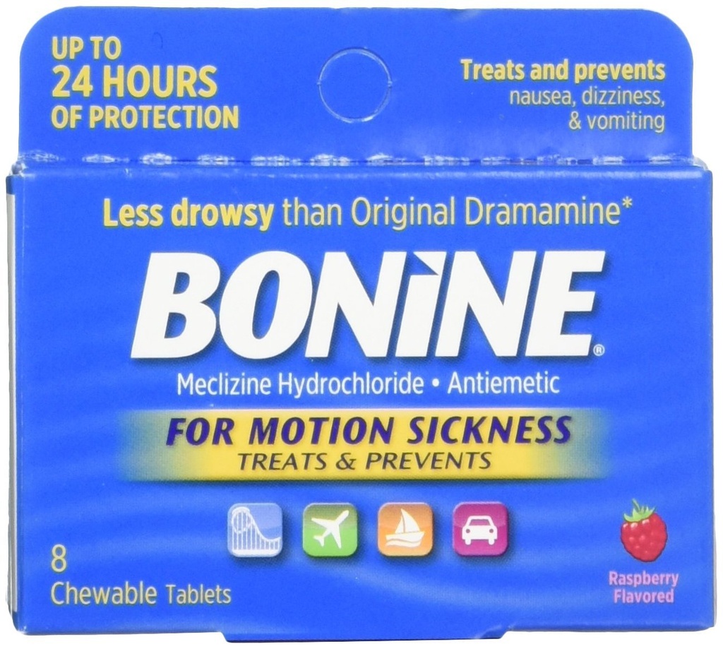 Bonine voor beweging ziekte Kauwtabletten, Raspberry smaak, 8 Elke