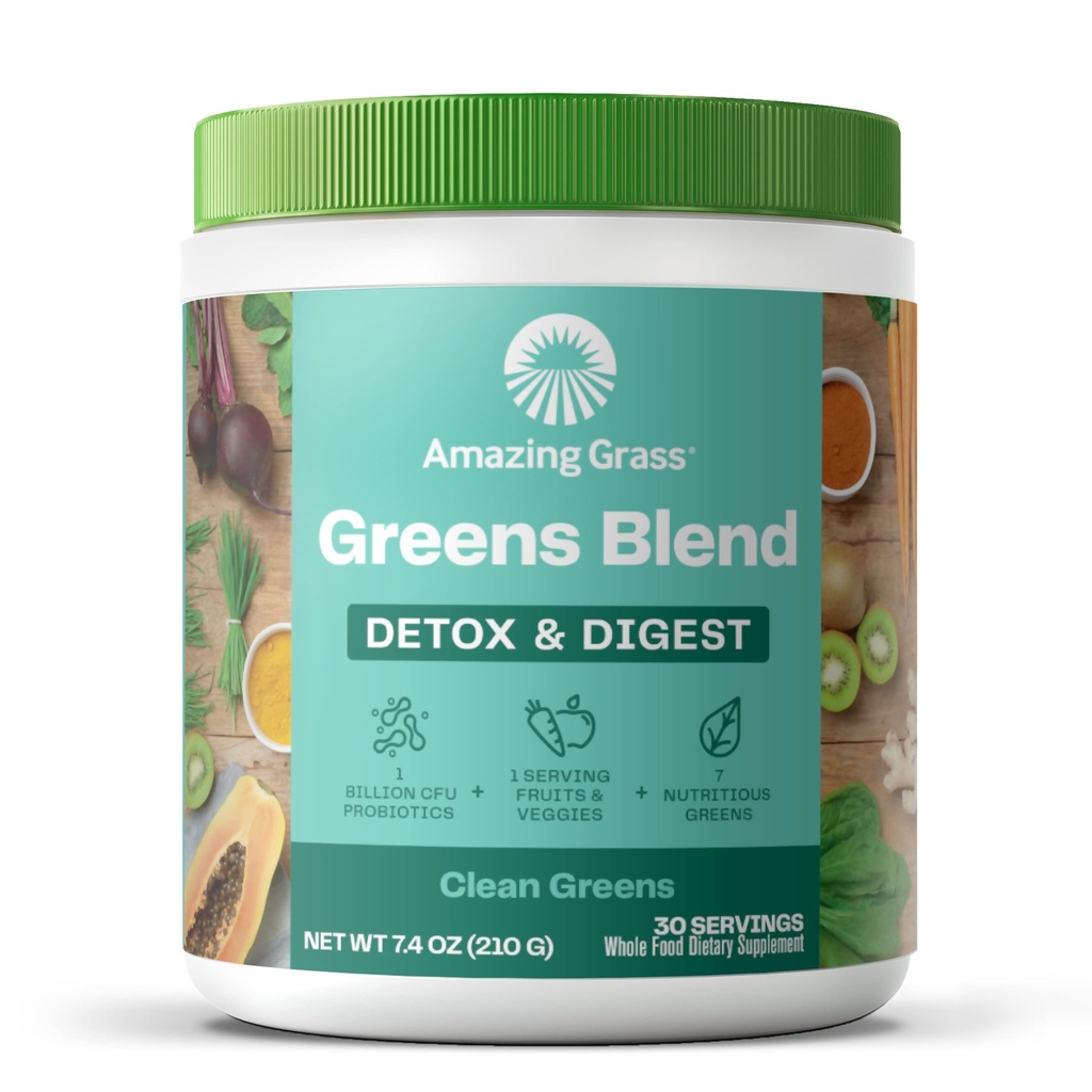 Verbazingwekkend gras Greens Superfood Detox & Digest: groen poeder met digestieve enzymen & probiotica, schoon groen, 30 porties (Verpakking mei Vary)