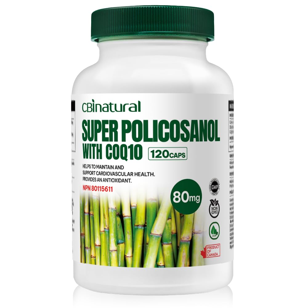 Super Sugarcane Policosanol 80 mg met CoQ10 30 mg, 120 plantaardige capsules, Hart & Cholesterol ondersteuning, 4-maand levering, non-GMO, glutenvrij
