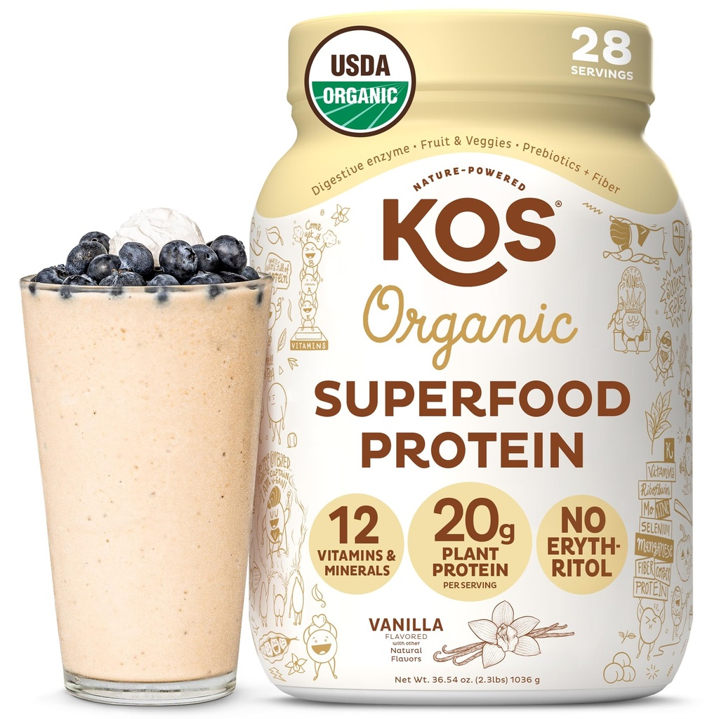 KOS Vegan Protein Powder Erytritol Free, Vanille USDA Organic - Pea Protein Blend, Plant Based Superfood Rijk aan vitaminen en mineralen - Keto, Dairy Free - Maaltijden Vervanging voor vrouwen & mannen, 28 Servers