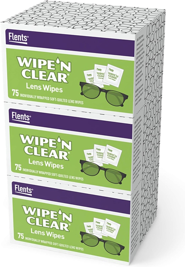 Flents Eyeglass Cleaner Lens Wipes - 225 Tel (3 Dozen van 75) Individueel verpakte voorbevochtigde reinigingskleding Anti-Streak voor bril, zonnebril, telefoonschermen, computermonitors