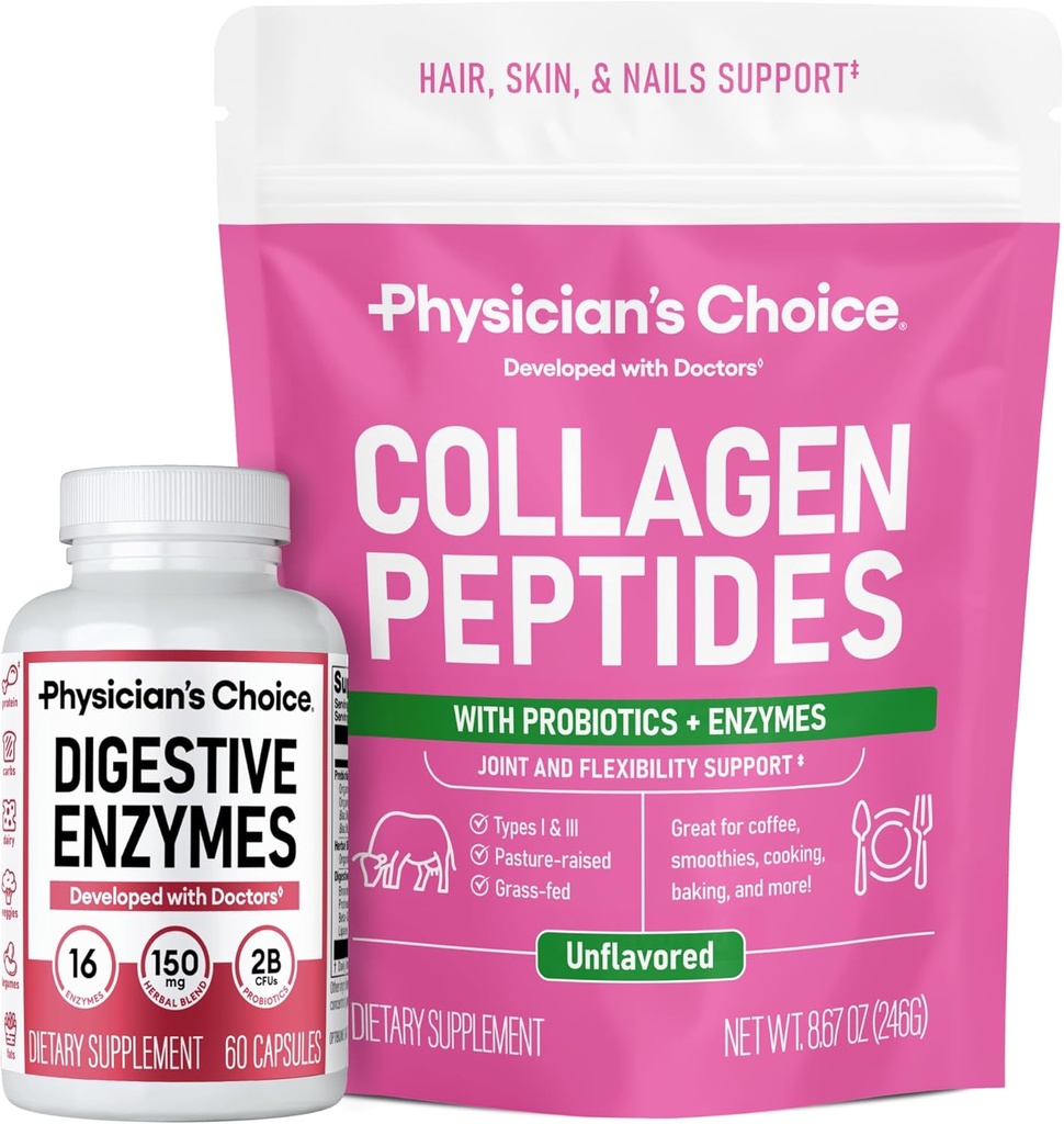 KEUZE van de arts - Volledige Gut Health Bundle: Collageen Peptides Powder + Digestieve Enzymen 60ct voor Digestieve Comfort, Workout Herstel, & Huid, Nagels, en Gezamenlijke Ondersteuning