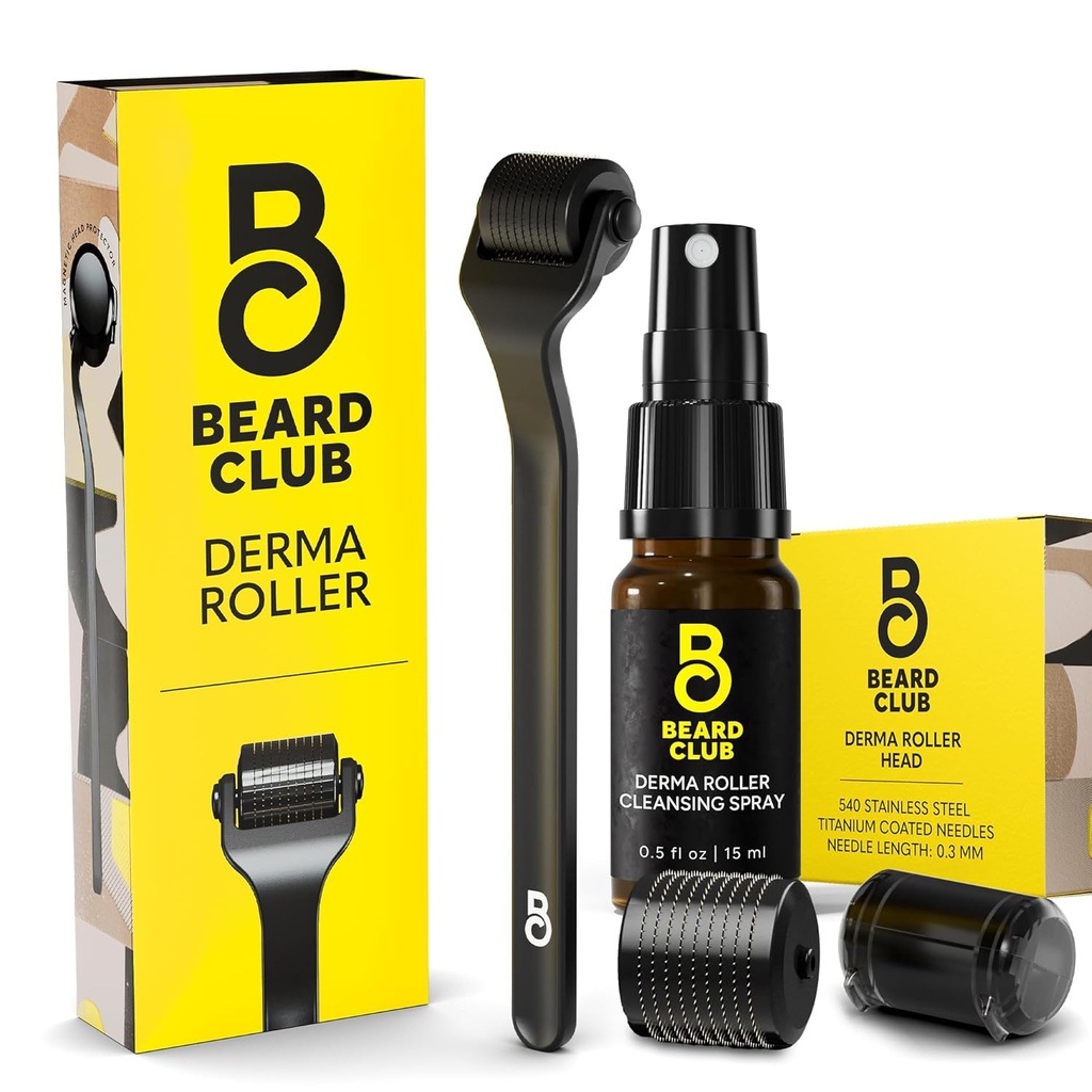De Baard Club Derma Roller, Reinigingsspray &amp; Vervangingskop - Baardroller met reinigingsspray en vervangingskop
