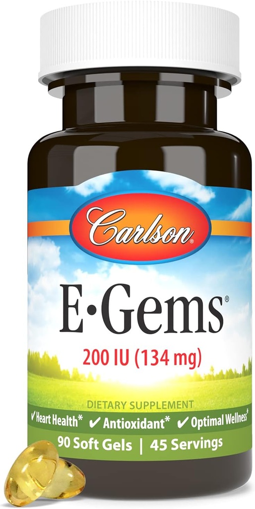 Carlson E-Gems 200 IE (134 mg), Natuurlijke-Bron Vitamine E, Optimale Wellness, 90 Zachte Gels