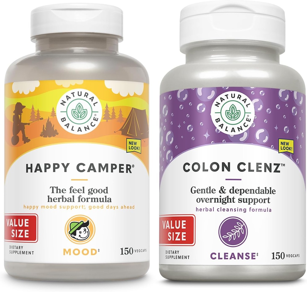 Natural Balance Happy Camper en Colon Clenz Bundle - Feel-Good Mood Support Plus Herbal Colon Cleanse en Detox - 60-dag garantie - 75/150 Servings, 150/150 VegCaps