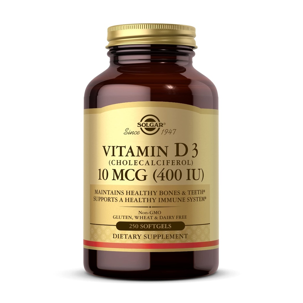 Solgar Vitamine D3 (Cholecalciferol) 10 mcg (400 IE) - 250 Softgels - helpt gezonde botten en tanden te behouden - Immuunsysteemondersteuning - Non-GMO, glutenvrij, zuivelvrij - 250 porties