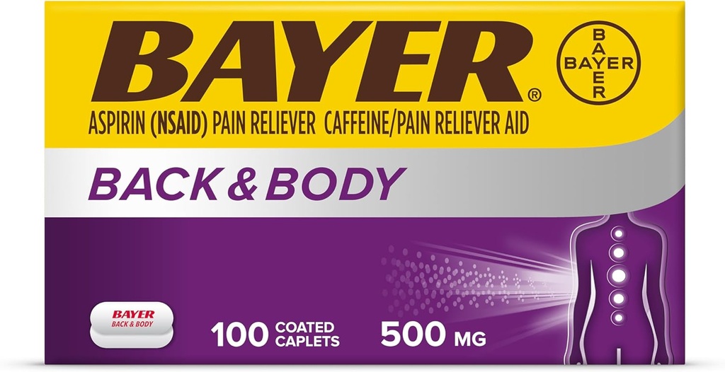 Bayer Back & Body Extra Strength Aspirine, 500 mg gecoate tabletten, snelle verlichting op de plaats van pijn, pijnstiller met 32,5 mg cafeïne, 100 telling