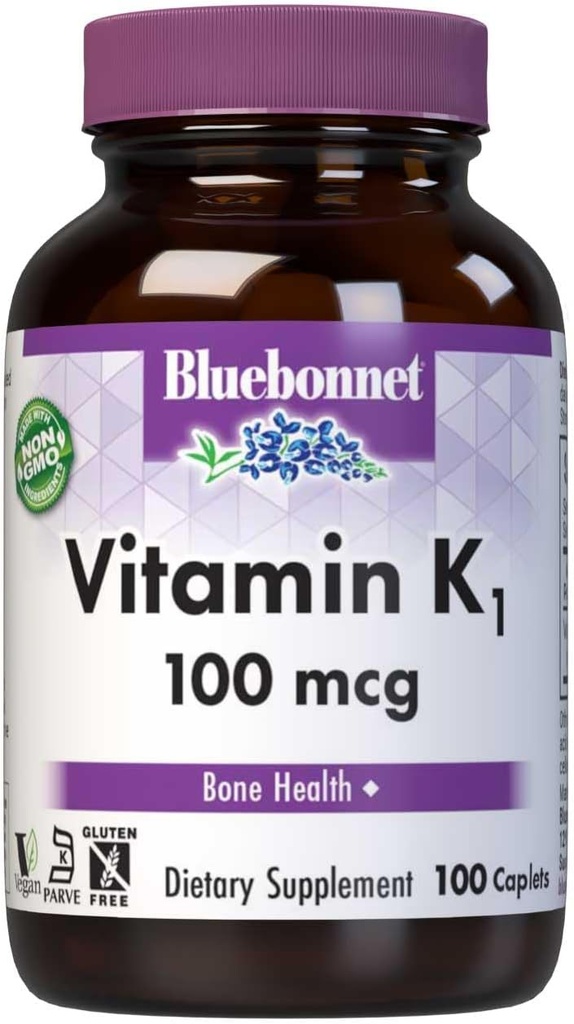 Bluebonnet vitamine K1 100 mcg Ondersteunt Bone Health - Phyllochinon Crystalline vitamine K supplement - Non-GMO, Kosher Certified, Gluten-Free, Dairy-Free - 100 Vegan Caplets