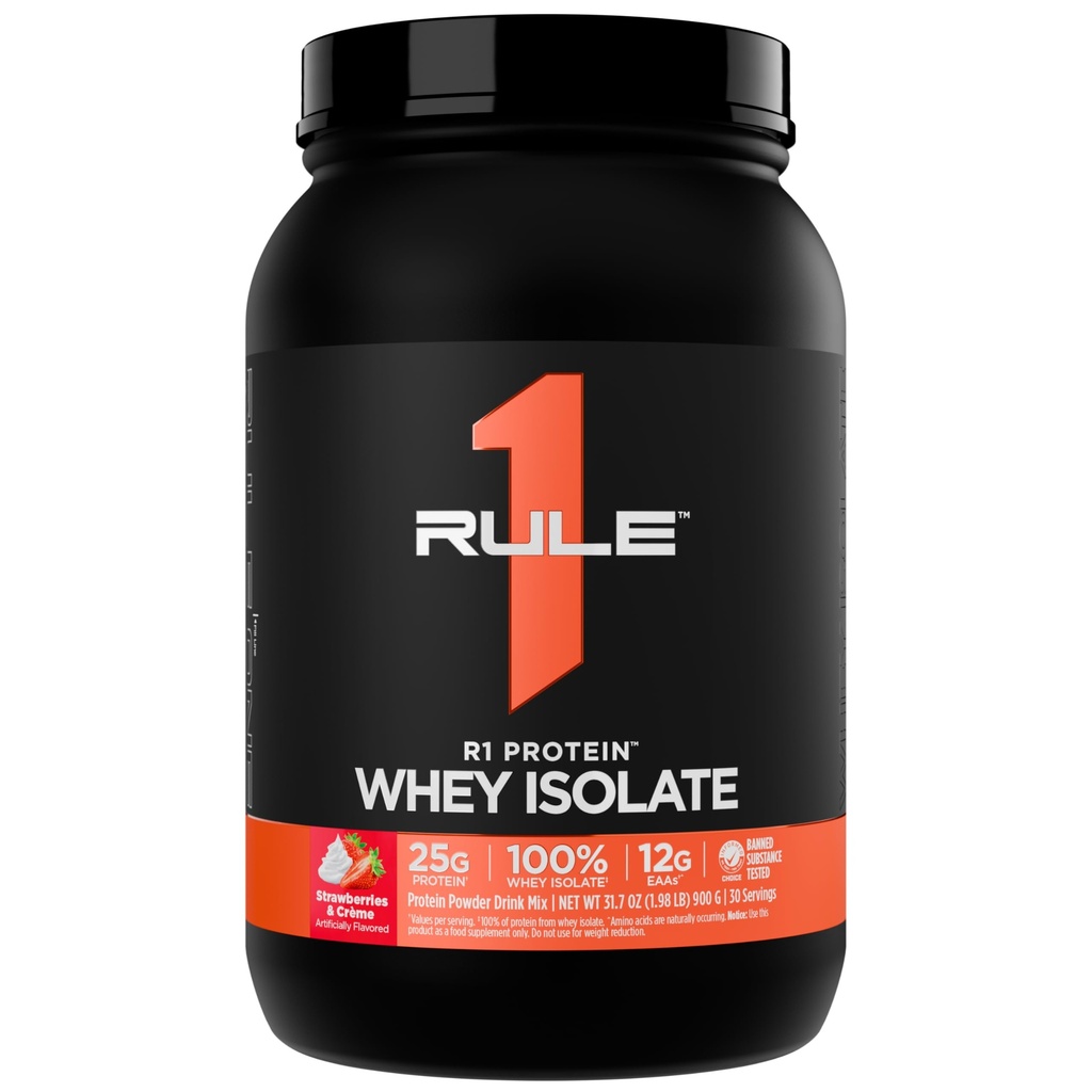 Artikel 1 R1 Proteïne Wei-isolaat - met 25 g eiwit en 6 g BCAA uitsluitend afkomstig van geïsoleerde en gehydrolyseerde bronnen voor workoutherstel (2 pond*, Aardbeien & Crème)