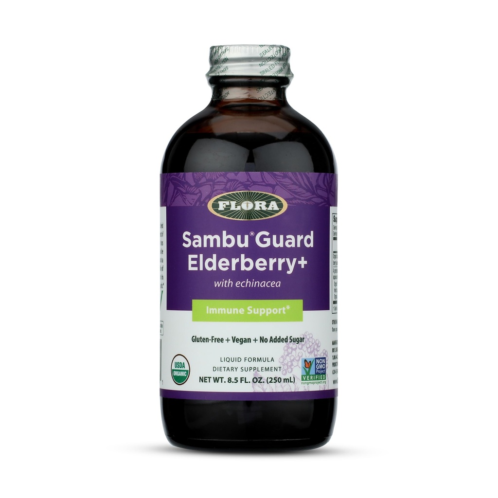 Flora SambuGuard Elderberry+ - Immune Support Supplement - Contains Black Elderberry, Echinacea & Licorice - Gluten-Free & Vegan - Contains No Added Sugar - 8.5 fl. oz. Glass Bottle