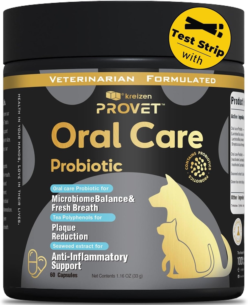 Orale Probiotic voor honden Geavanceerde Tandheelkundige Gezondheidssupplement met Probiotica, Zeewier Groene Thee Extract Ondersteunt Gum Gezondheid, Vermindert Plaque & Bad Ademhaling 60 Capsules en 2 Periodontale Test Strips