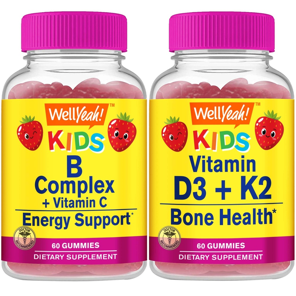Wel Yeah B Complex Kids + Vitamine D3+K2 Kids, Gummies Bundle - Grote Proeverij, Vitamine Supplement, Glutenvrij, GGO vrij, Kauwbare Gummy
