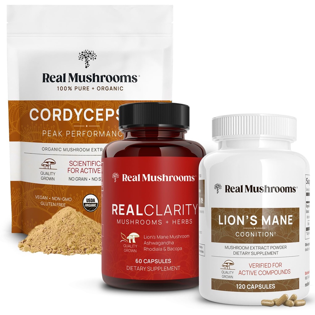 Real Paddestoelen RealClarity (60ct) & Lions Mane (120ct) Capsules w/Cordyceps Powder Bundle - Mushroom Supplement for Mental Clarity, Focus, Cognition, Energy & Vitality - Veganistan, Non-GMO