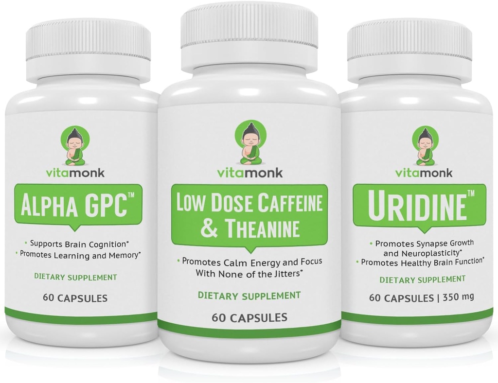 VitaMonk Brain Boost Bundle - Alpha GPC, Uridine en lage dosis Cafeïne + L-Theanine Duo