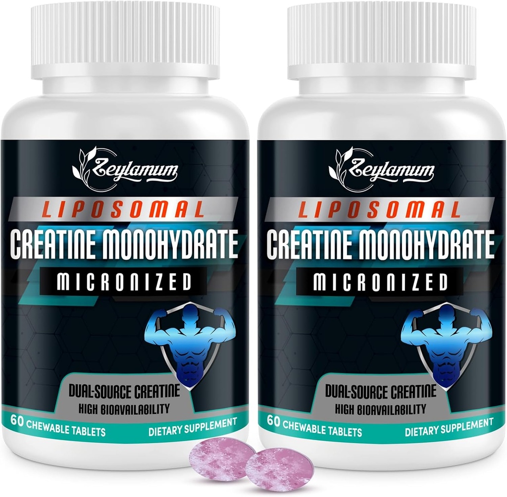 Creatine Kauwtabletten voor mannen en vrouwen, Creatine Monohydraat, 99% Absorptie met Liposomal & Micronized, 60 porties