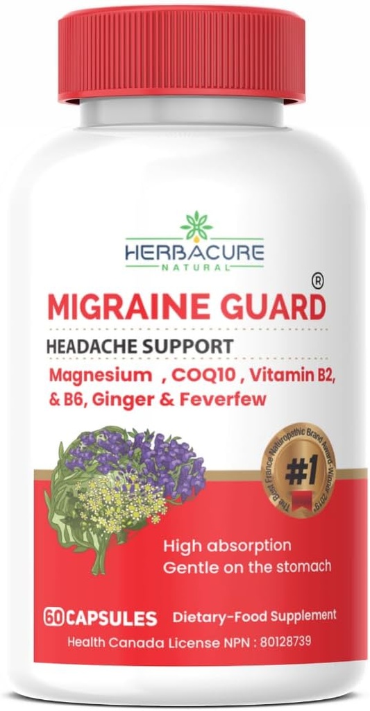 MIGRAINE Guard ® New Migraine Relief Hoofdpijnpreventie, klinisch bewezen COQ10, VIT B2, VIT B6, koortsfew, Magnesium pyrazolinaat, gember, uitzonderlijke respons tijdens proeven Made in Canada