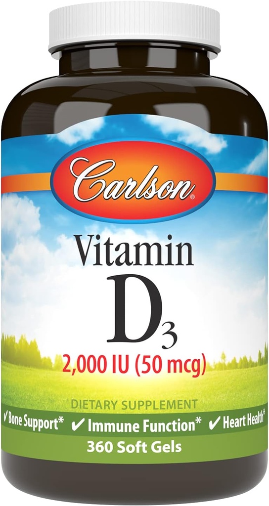 Carlson - Vitamine D3, 2000 IE (50 mcg), Bone Health, Muscle Health, Cholecalciferol, Vitamine D Supplementen, Vitamine D3 Zachte Gels, 360 Softgels
