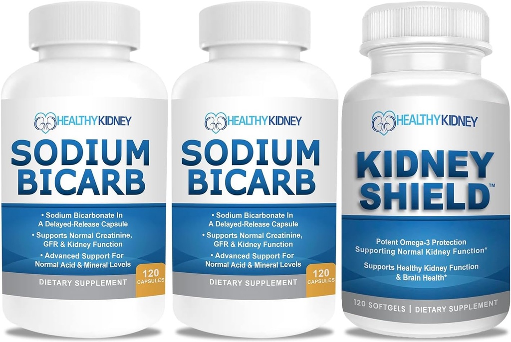 Natriumbicarbonaat 650 mg Capsules voor Acid Relief, Alkalinity 120 Pillen 2-pack + Nierschild 120 Caps Niersupplement ter ondersteuning van de normale nierfunctie