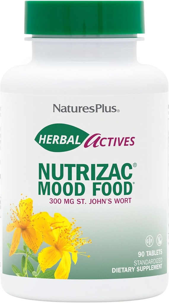Natures Plus Herbal Actives NutriZAC Mood Food - 300 mg St Johns Wort, 90 Vegan Bi-Layered Tablets - Maximale Potency Natural Mood Booster - Vegetarisch, Glutenvrije - 90 Serves
