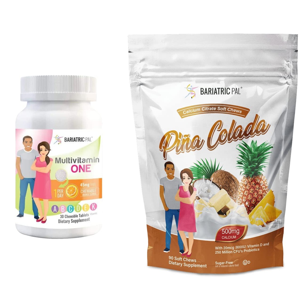 BariatricPal 30-Dag Bariatric Vitamine Bundle (Multivitamine ONE 1 per dag! met 45 mg ijzer kauwbaar - Oranje Citrus en Calcium Citrate Zachte Kauwt 500mg met Probiotica - Piña Colada)