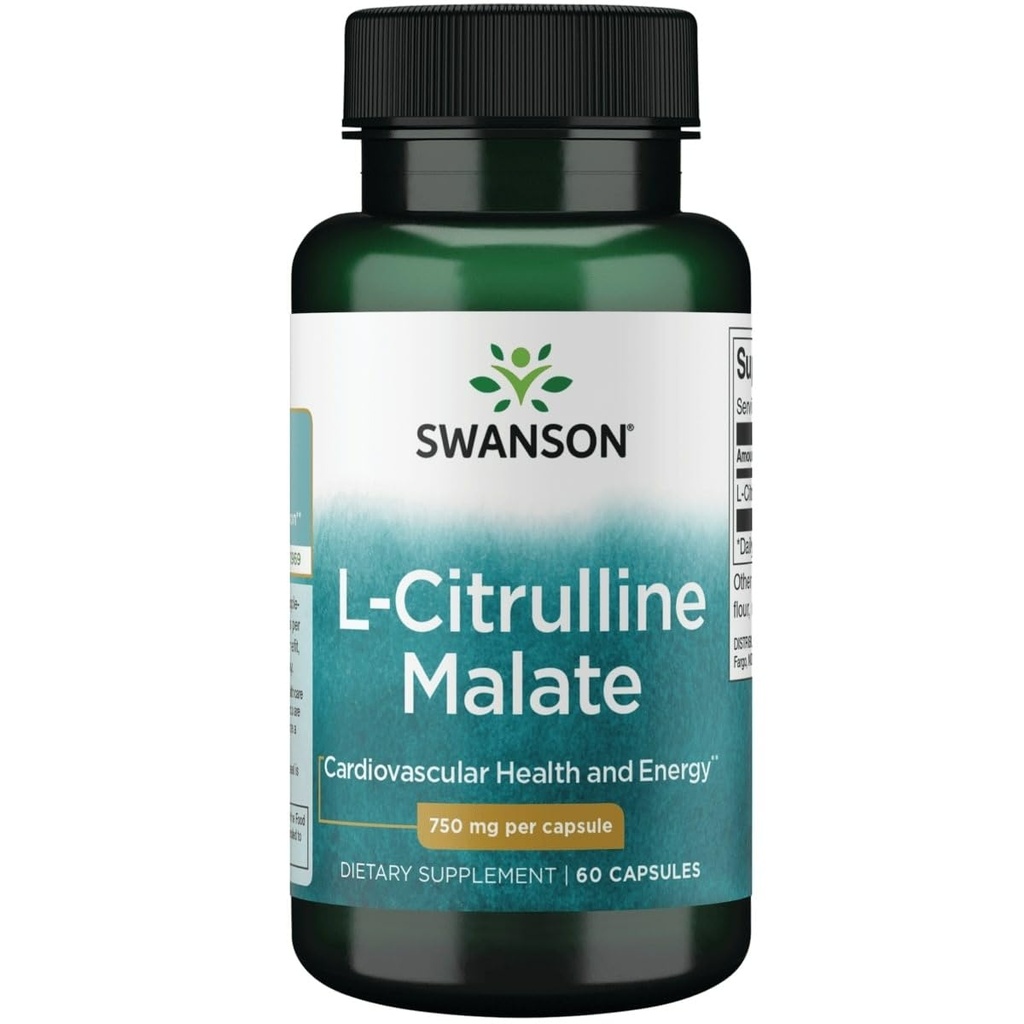 Swanson L-Citrulline Malate - Aminozuursupplement ter bevordering van energieproductie en gezonde bloedcirculatie - natuurlijke formule ter ondersteuning van de algehele wellness - (60 capsules, 750 mg elk)