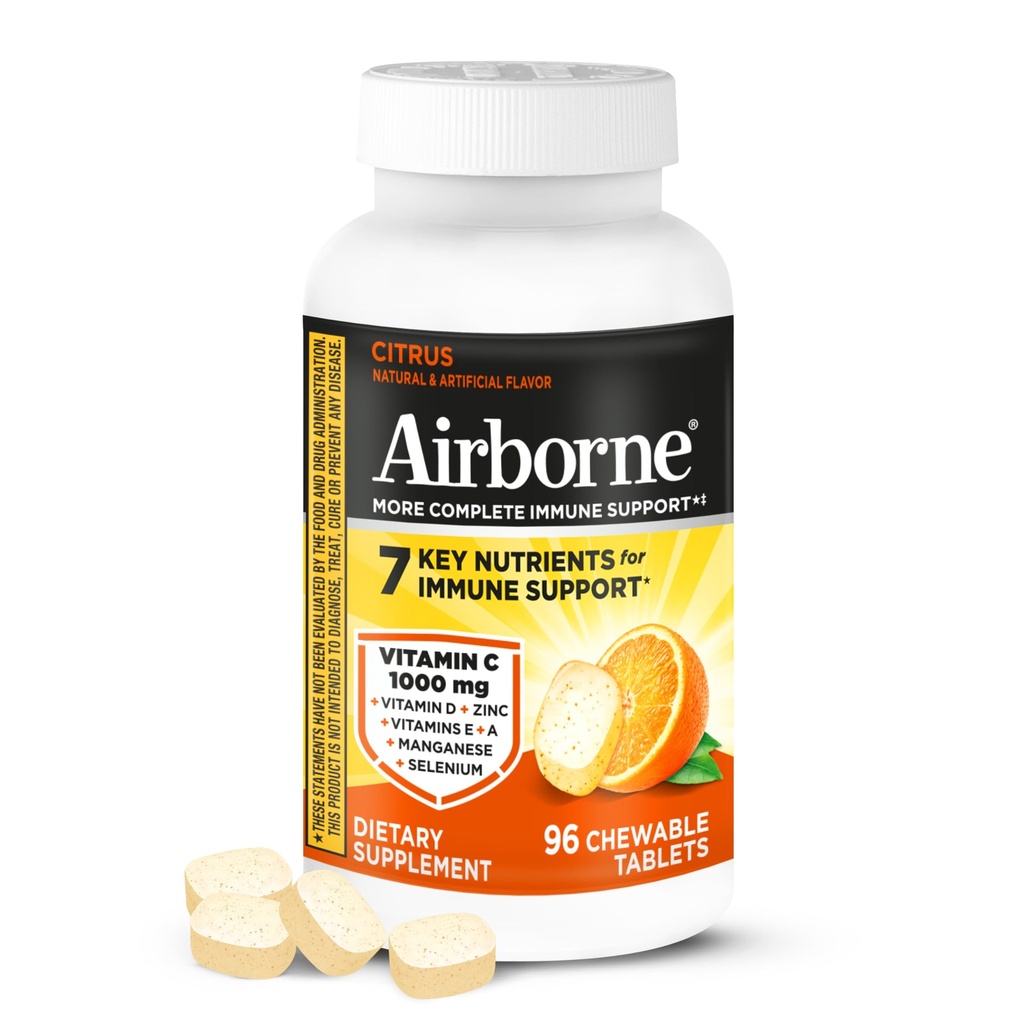 Airborne Vitamine C 1000mg (per portie) - Citrus Kauwtabletten (96 Tel in een doos) - Verpakking mei Vary