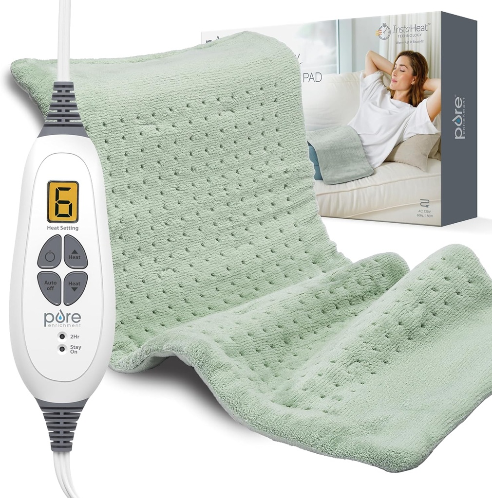 Pure Verrijking PureRelief XL Verwarmingskussen - 12" x 24" Elektrische verwarmingskussen voor rugpijn en krampen, 6 warmte-instellingen, FSA/HSA in aanmerking komende, zachte Machine Wasmiddel, Auto-off & Moist Heat (Zen Green)