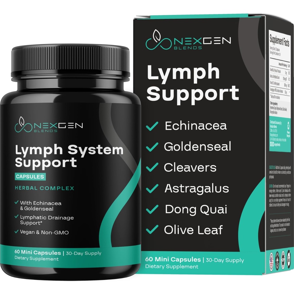 Herbal Lymph System Support Supplement - Lymfatische Ondersteuning Complex met Echinacea Goldenseal Astragalus & Hydroxytyrosol voor Lymfatische Drainage & Immune Support - Vegan Non-GMO Glutenvrij (1 maand)