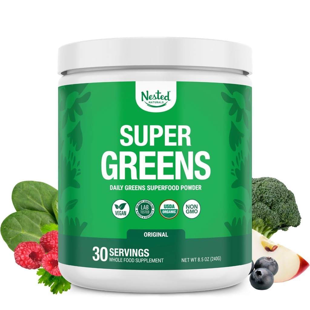 Nested Naturals Super Greens Daily Superfood Powder - Gecertificeerd USDA Organic Green Powder w/20+ Whole Foods, Spirulina Powder,Wheat & Barley Grass - Probiotica, Fiber & Enzymes - Original Flavour, 30