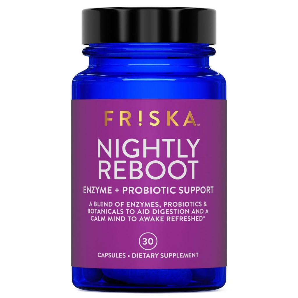 FRISKA Nightly Reboot Enzyme and Probiotics Supplement, bevordert betere spijsvertering en slaap, ondersteunt Gut Health voor mannen en vrouwen, Melatonine, kamille, 30 capsules