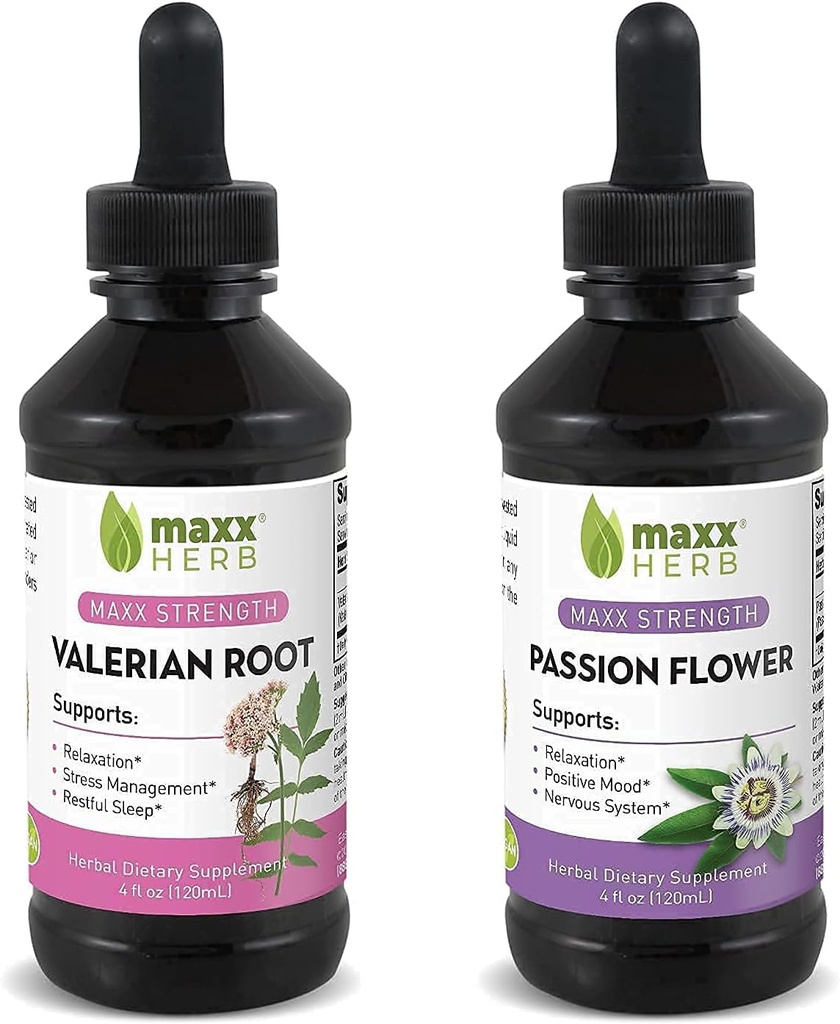 Betere slaapbundel - Maxx Herb Passie Bloem Extract + Valeriaan Wortel Extract - voor ontspanning en stress management, alcoholvrije - (1 Elke) 4 Oz fles (60 porties)
