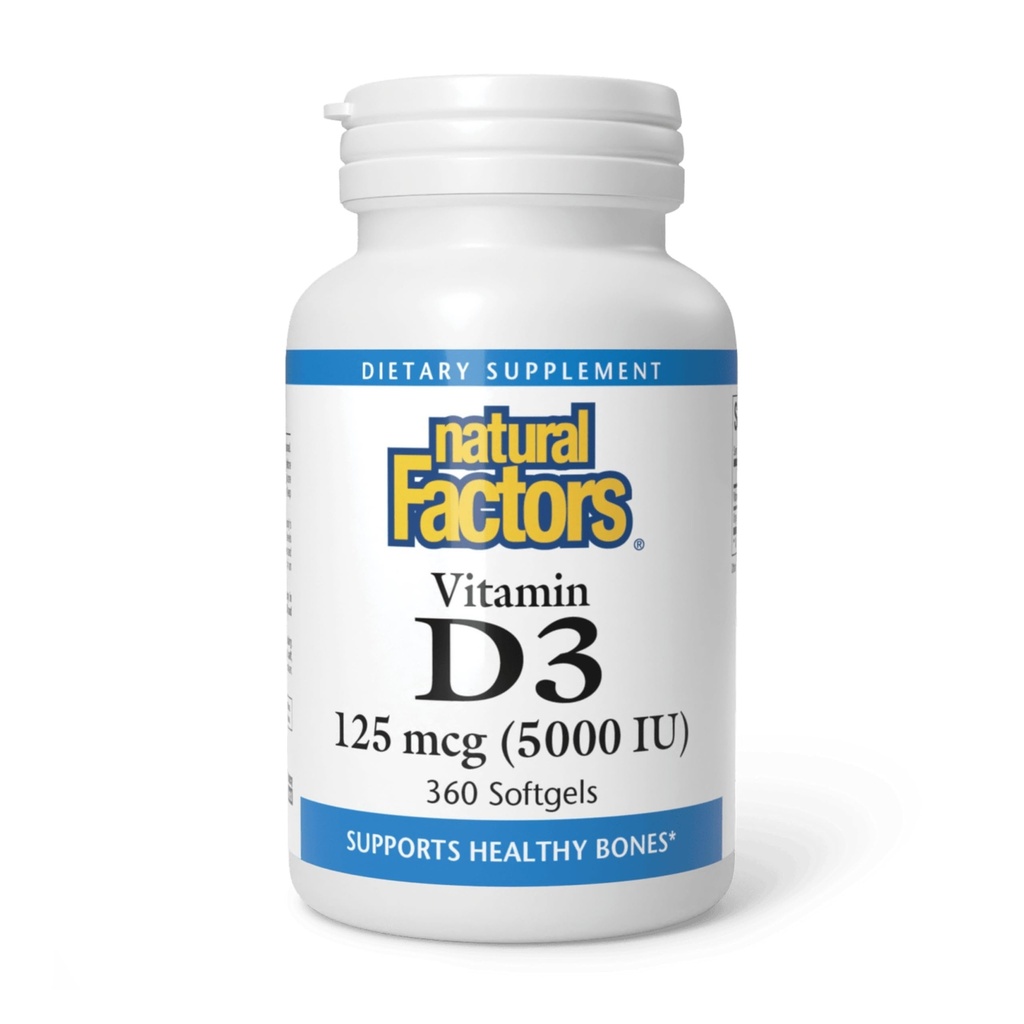 Natuurlijke factoren, vitamine D3 5000 IE (125 mcg), ondersteunt sterke botten, spieren en immuunfunctie, 360 Softgels