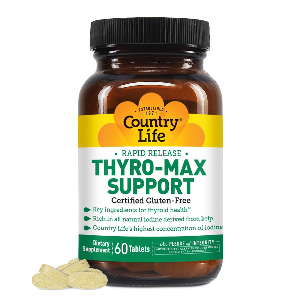 Country Life Thyro-Max Support - Kelp-Derived Iodine & L-Tyrosine Thyroid Supplement for Men and Women - B Vitaminen, Gluten-Free, Vegan, Kosher - 60 Capsules